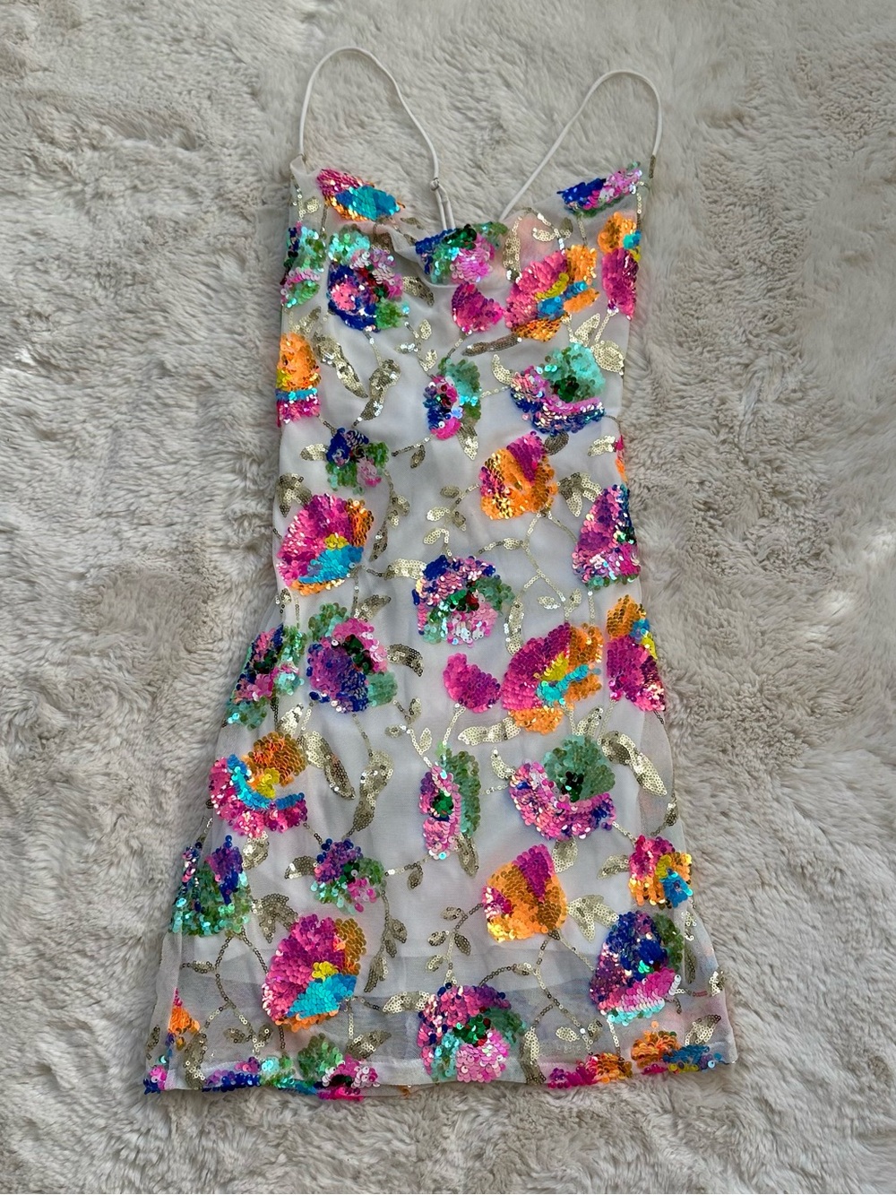 LUCY IN THE SKY White Colorful Sequin Floral Dress w Multicolor Embellishments